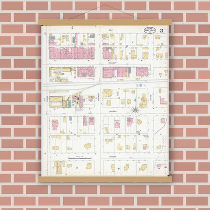 Old map wall art mockup — magnetic wood frame on brick wall — Sanborn Fire Insurance Map from Watseka, Iroquois County, Illinois (1905), Sheet #0003