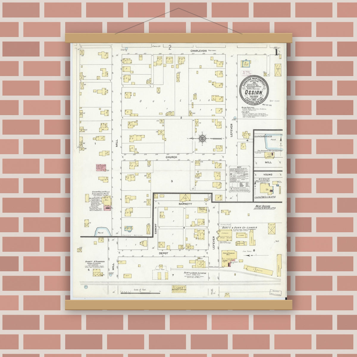 Old map wall art mockup — magnetic wood frame on brick wall — Sanborn Fire Insurance Map from Ossian, Wells County, Indiana (1912), Sheet #0001