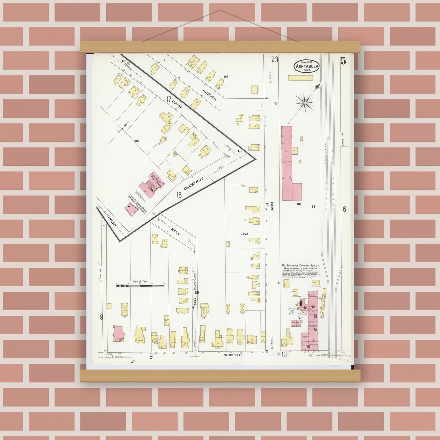 Old map wall art mockup — magnetic wood frame on brick wall — Sanborn Fire Insurance Map from Ashtabula, Ashtabula County, Ohio (1909), Sheet #0005