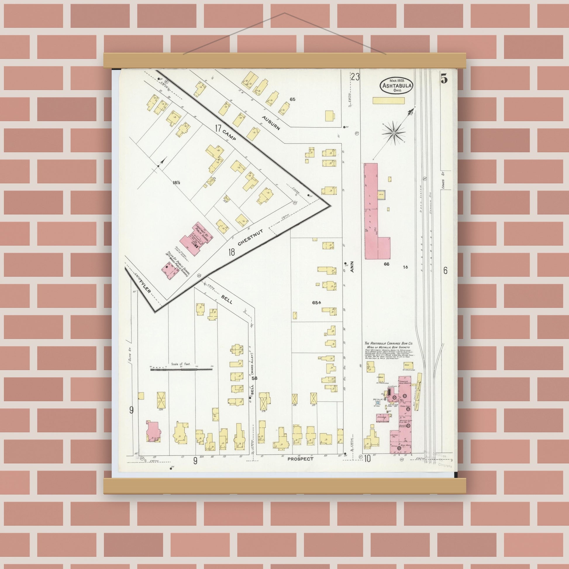 Old map wall art mockup — magnetic wood frame on brick wall — Sanborn Fire Insurance Map from Ashtabula, Ashtabula County, Ohio (1909), Sheet #0005
