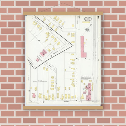Old map wall art mockup — magnetic wood frame on brick wall — Sanborn Fire Insurance Map from Ashtabula, Ashtabula County, Ohio (1909), Sheet #0005