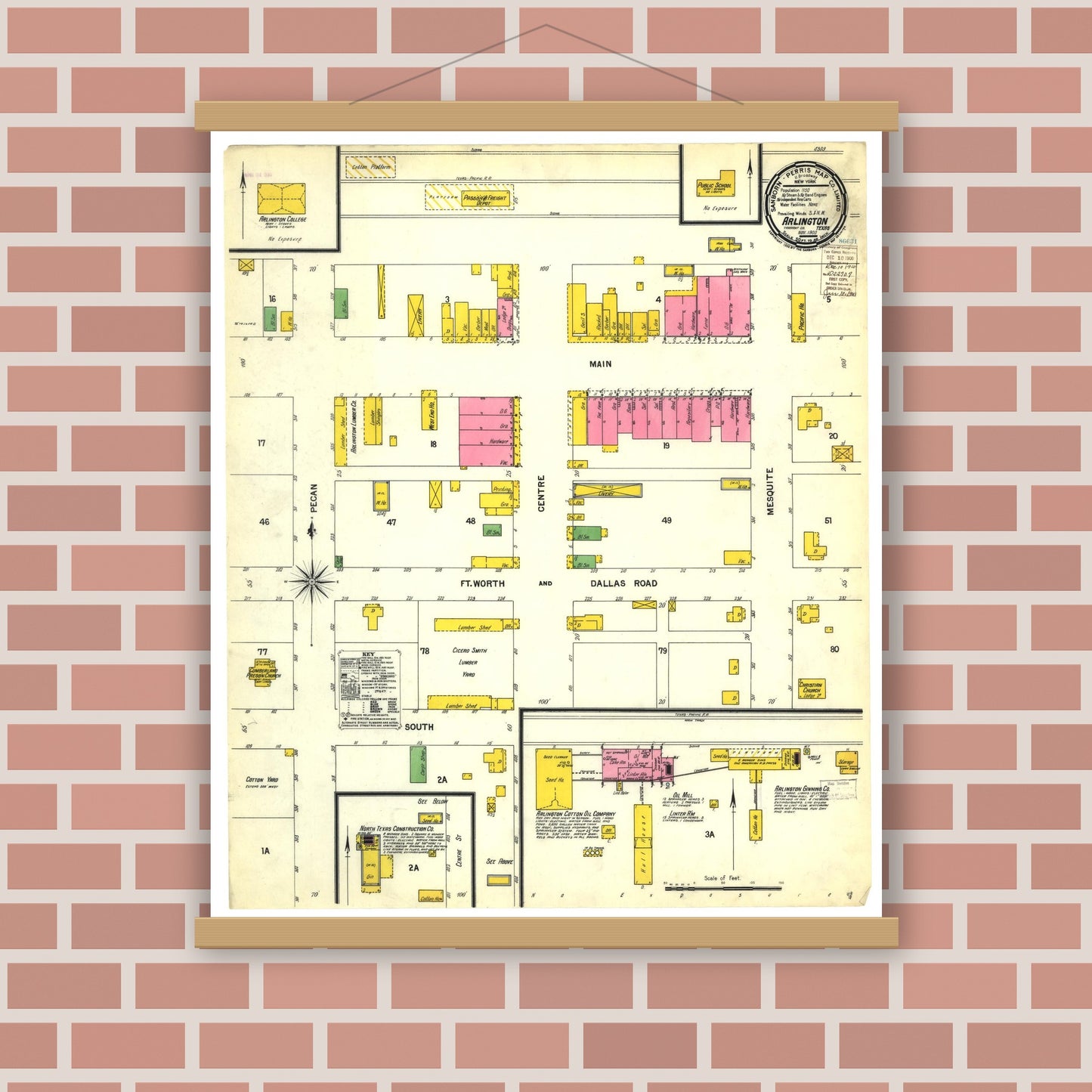 Old map wall art mockup — magnetic wood frame on brick wall — Sanborn Fire Insurance Map from Arlington, Tarrant County, Texas (1900), Sheet #0001