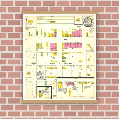 Old map wall art mockup — magnetic wood frame on brick wall — Sanborn Fire Insurance Map from Arlington, Tarrant County, Texas (1900), Sheet #0001