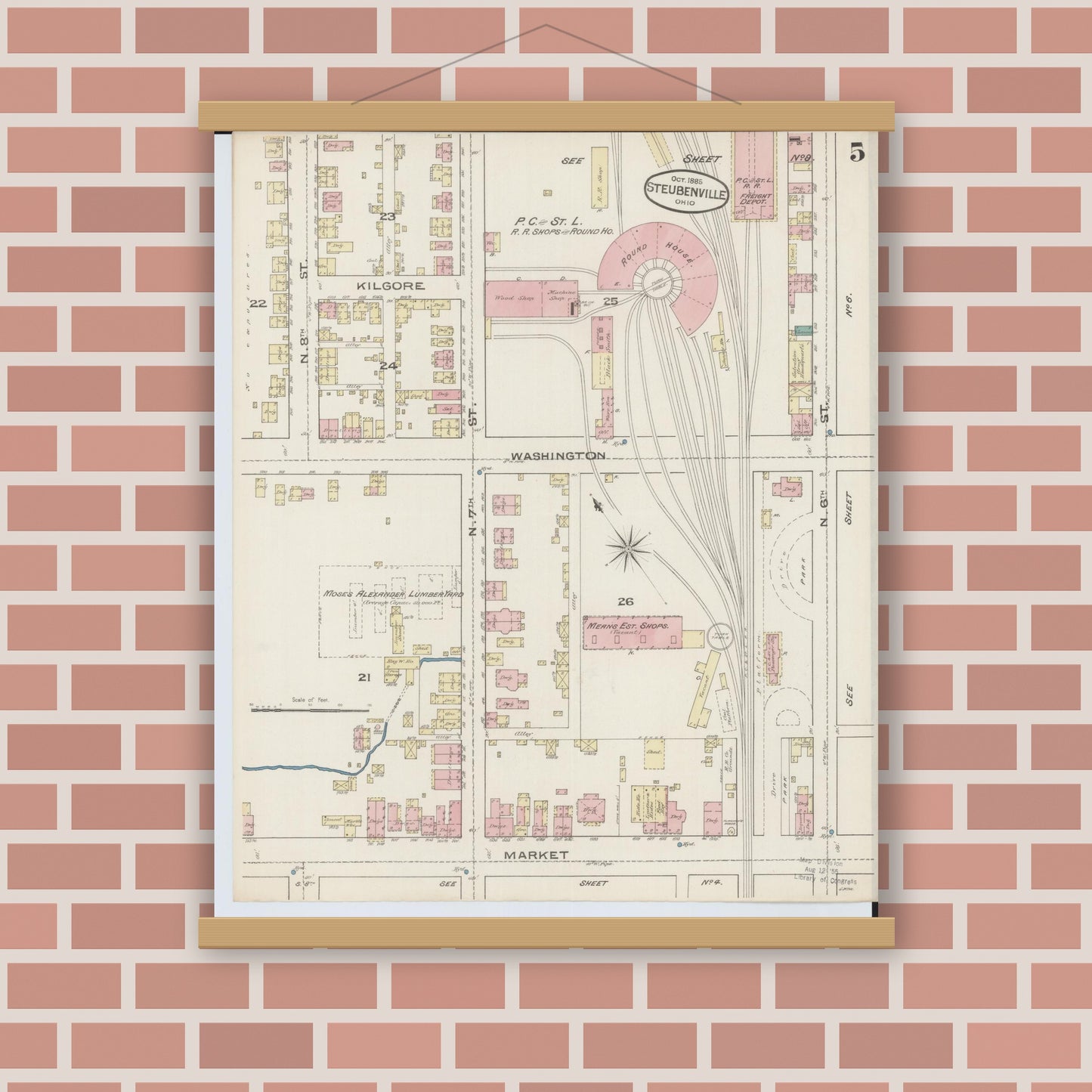 Old map wall art mockup — magnetic wood frame on brick wall — Sanborn Fire Insurance Map from Steubenville, Jefferson County, Ohio (1885), Sheet #0005