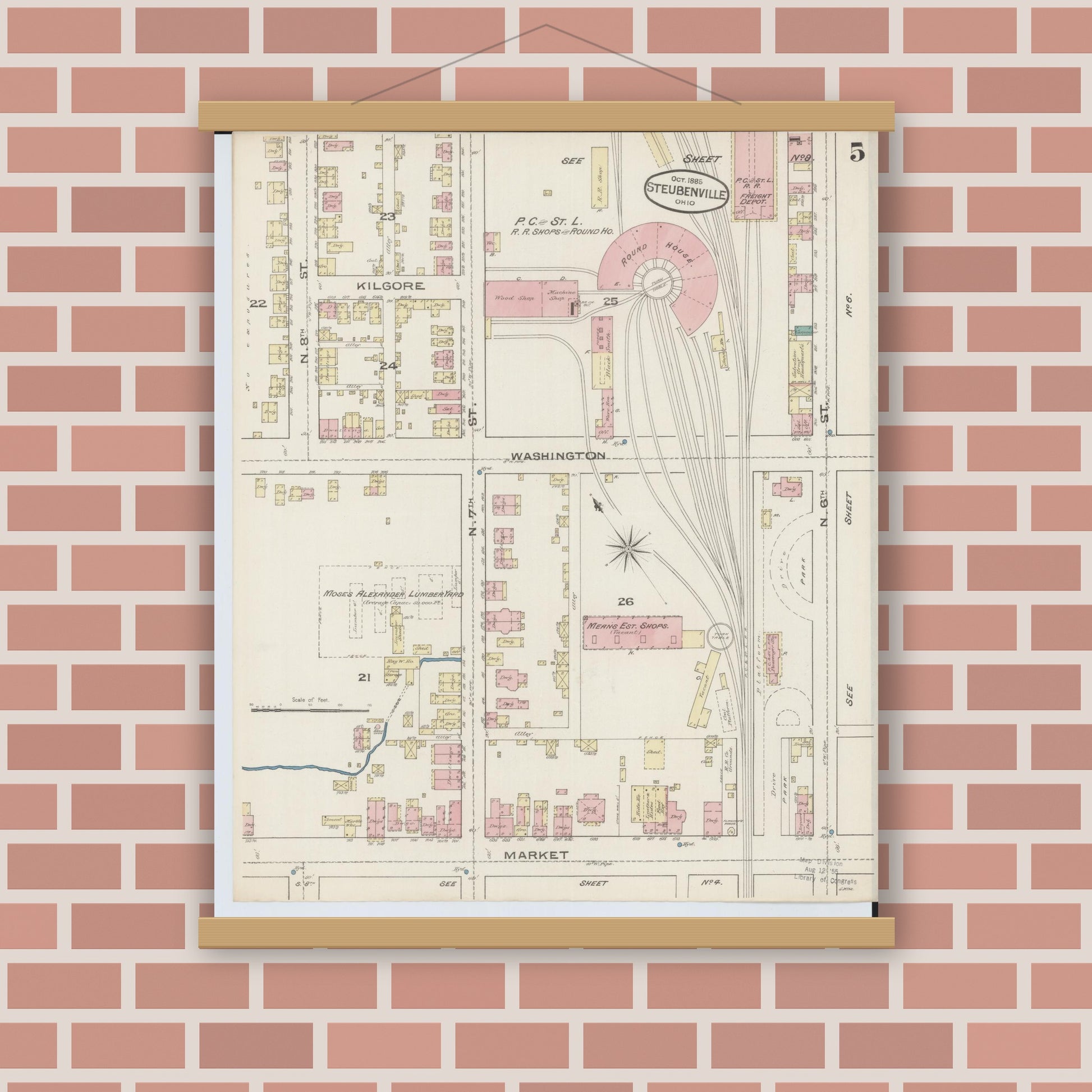Old map wall art mockup — magnetic wood frame on brick wall — Sanborn Fire Insurance Map from Steubenville, Jefferson County, Ohio (1885), Sheet #0005