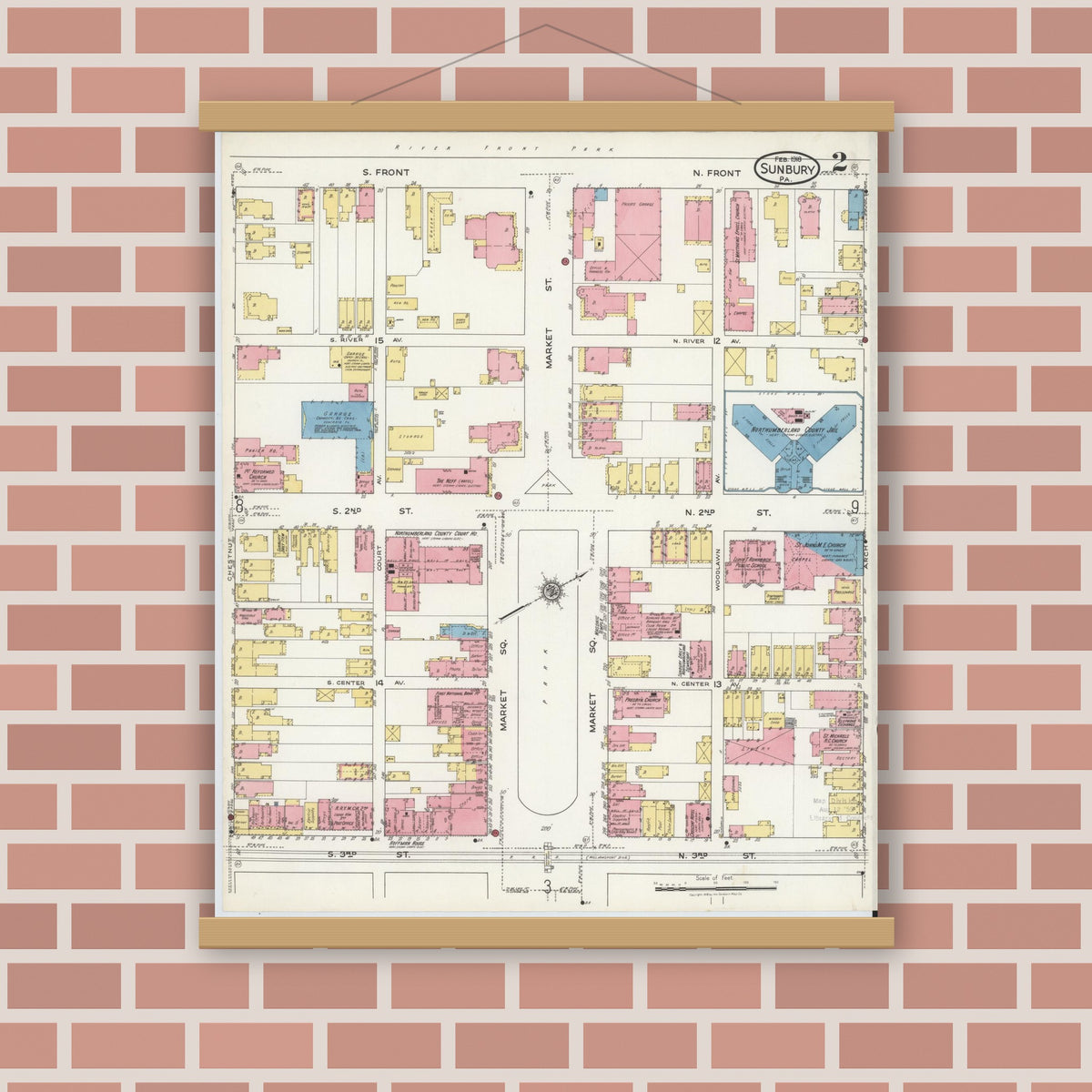 Old map wall art mockup — magnetic wood frame on brick wall — Sanborn Fire Insurance Map from Sunbury, Northumberland County, Pennsylvania (1918), Sheet #0002