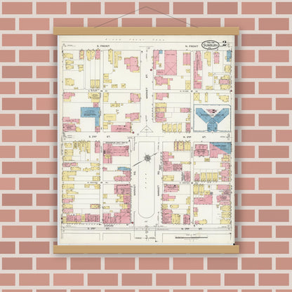 Old map wall art mockup — magnetic wood frame on brick wall — Sanborn Fire Insurance Map from Sunbury, Northumberland County, Pennsylvania (1918), Sheet #0002