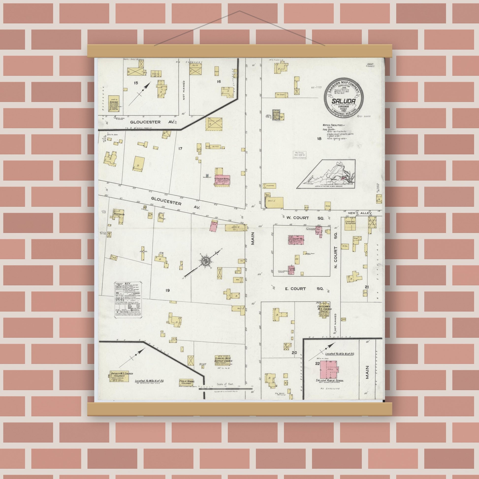 Old map wall art mockup — magnetic wood frame on brick wall — Sanborn Fire Insurance Map from Saluda, Middlesex County, Virginia (1921), Sheet #0001