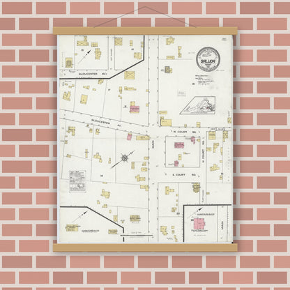 Old map wall art mockup — magnetic wood frame on brick wall — Sanborn Fire Insurance Map from Saluda, Middlesex County, Virginia (1921), Sheet #0001