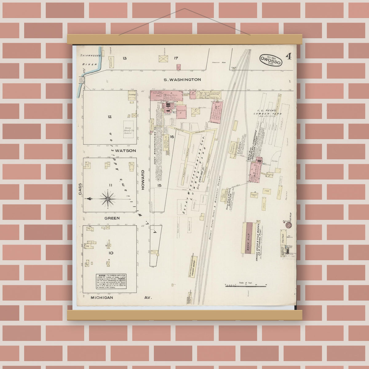 Old map wall art mockup — magnetic wood frame on brick wall — Sanborn Fire Insurance Map from Owosso, Shiawassee County, Michigan (1884), Sheet #0004