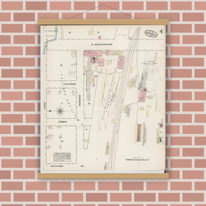 Old map wall art mockup — magnetic wood frame on brick wall — Sanborn Fire Insurance Map from Owosso, Shiawassee County, Michigan (1884), Sheet #0004