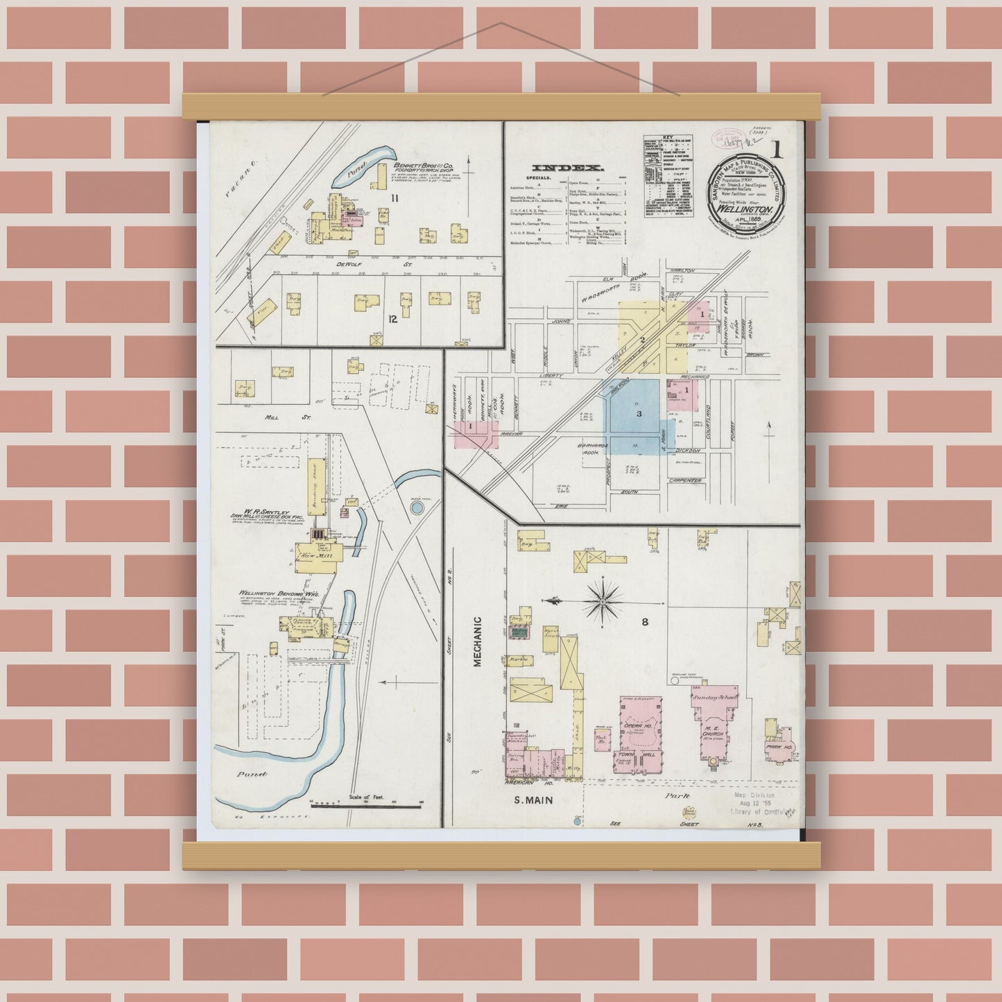 Old map wall art mockup — magnetic wood frame on brick wall — Sanborn Fire Insurance Map from Wellington, Lorain County, Ohio (1889), Sheet #0001