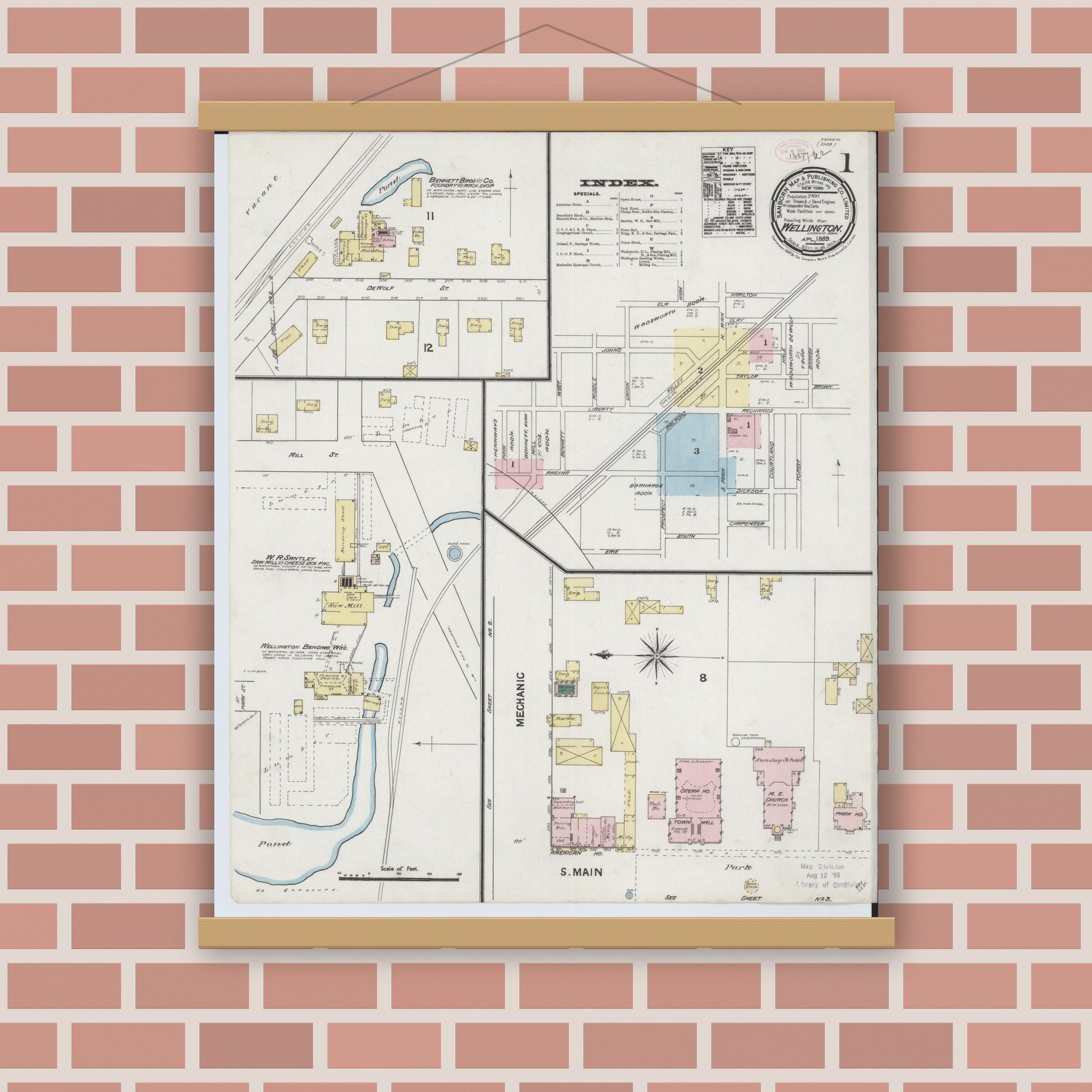 Old map wall art mockup — magnetic wood frame on brick wall — Sanborn Fire Insurance Map from Wellington, Lorain County, Ohio (1889), Sheet #0001