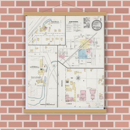 Old map wall art mockup — magnetic wood frame on brick wall — Sanborn Fire Insurance Map from Wellington, Lorain County, Ohio (1889), Sheet #0001