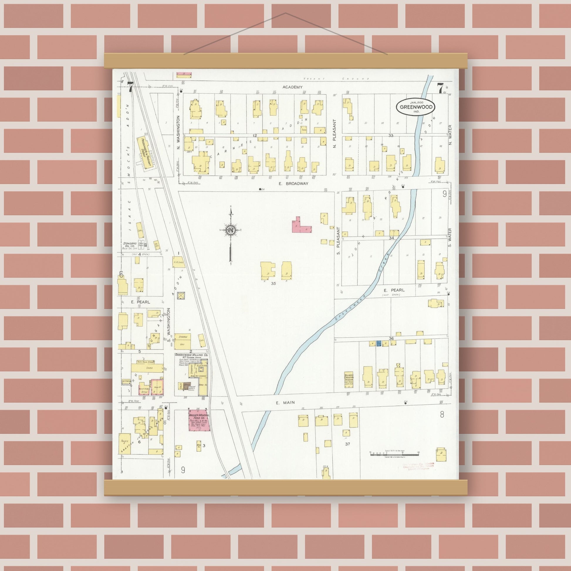 Old map wall art mockup — magnetic wood frame on brick wall — Sanborn Fire Insurance Map from Greenwood, Johnson County, Indiana (1930), Sheet #0007