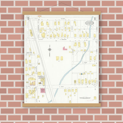 Old map wall art mockup — magnetic wood frame on brick wall — Sanborn Fire Insurance Map from Greenwood, Johnson County, Indiana (1930), Sheet #0007