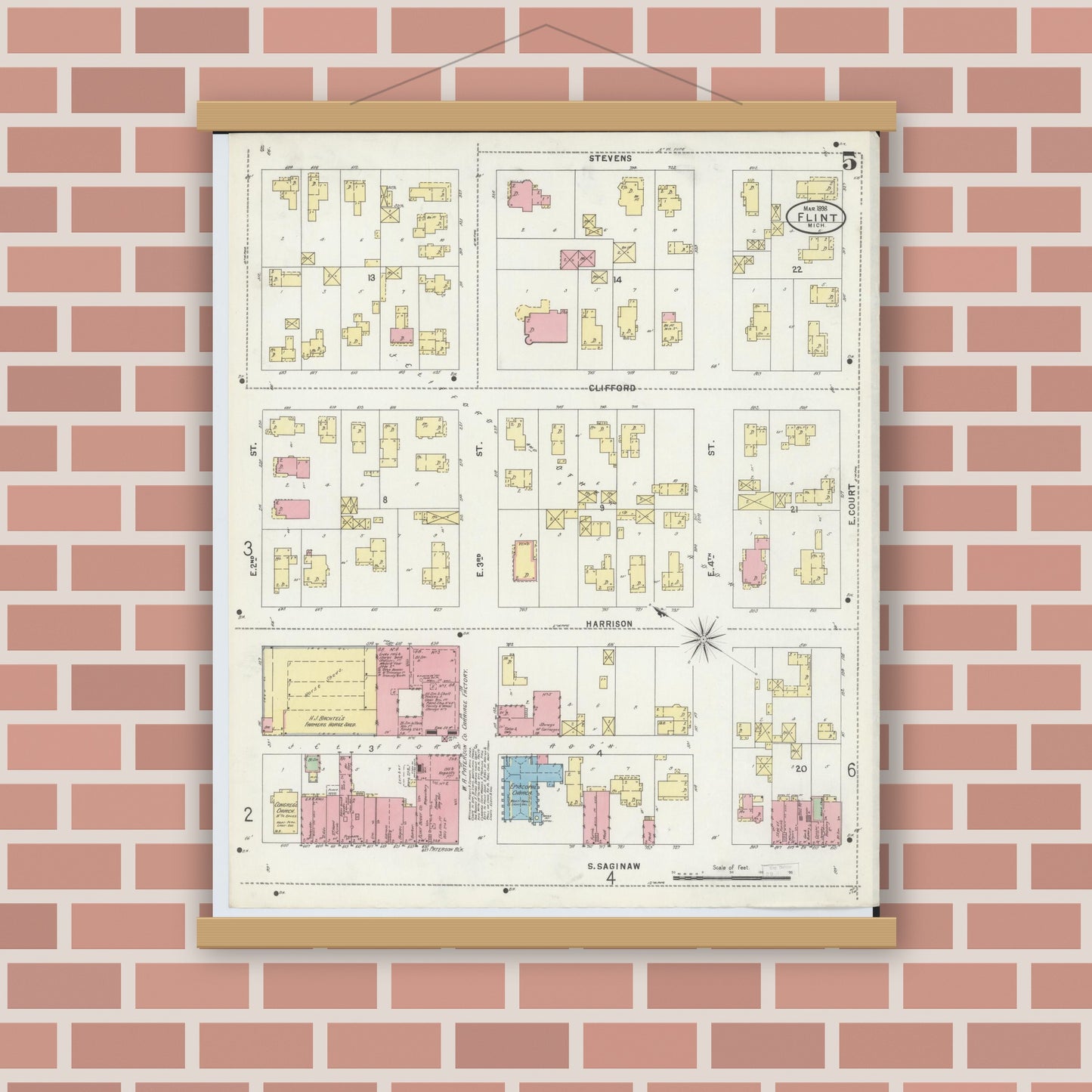Old map wall art mockup — magnetic wood frame on brick wall — Sanborn Fire Insurance Map from Flint, Genesee County, Michigan (1898), Sheet #0005