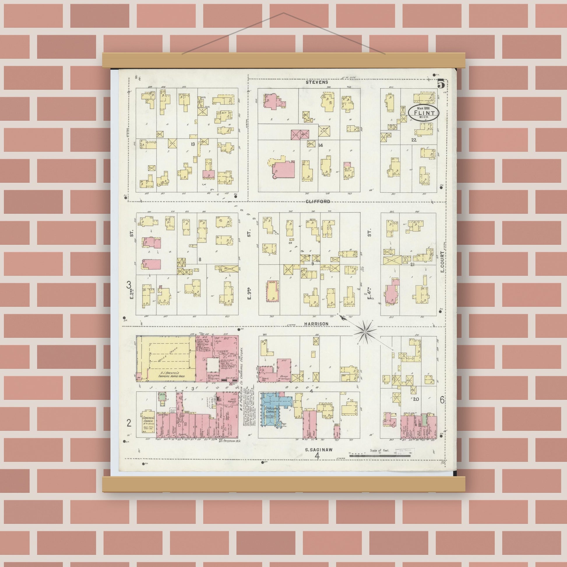 Old map wall art mockup — magnetic wood frame on brick wall — Sanborn Fire Insurance Map from Flint, Genesee County, Michigan (1898), Sheet #0005