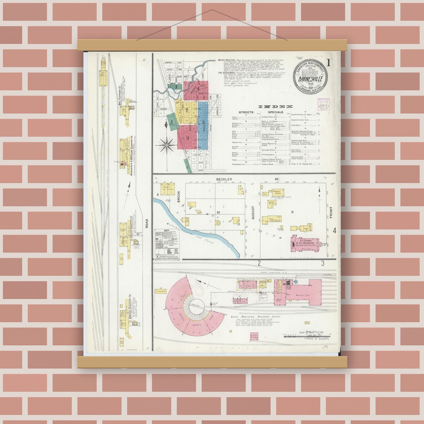 Old map wall art mockup — magnetic wood frame on brick wall — Sanborn Fire Insurance Map from Barnesville, Clay County, Minnesota (1907), Sheet #0001