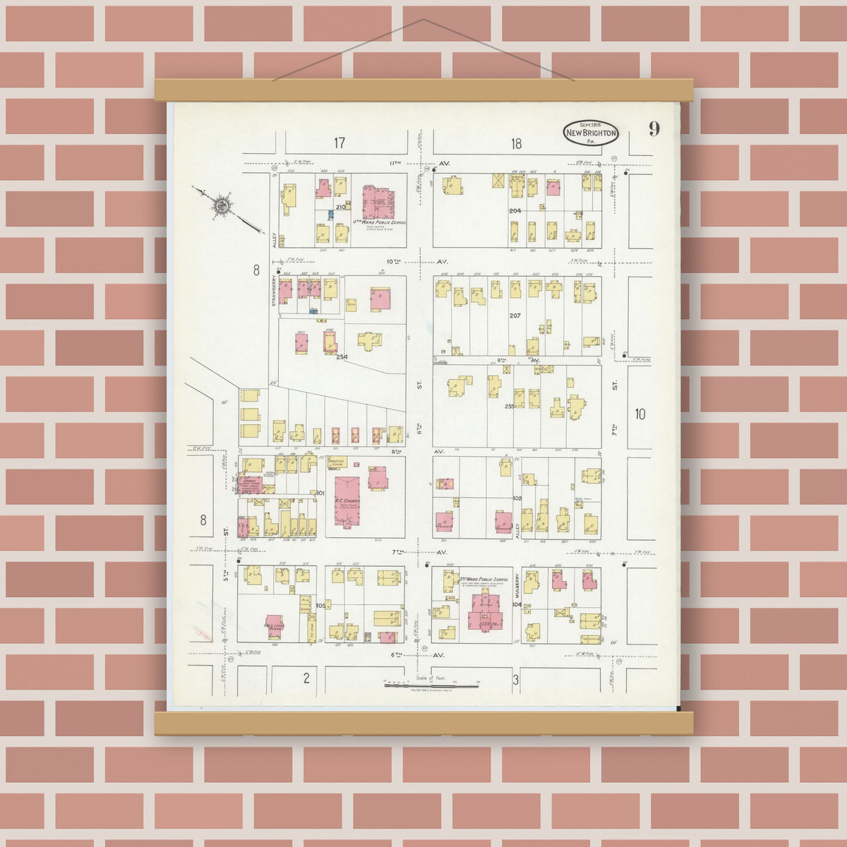 Old map wall art mockup — magnetic wood frame on brick wall — Sanborn Fire Insurance Map from New Brighton, Beaver County, Pennsylvania (1918), Sheet #0009