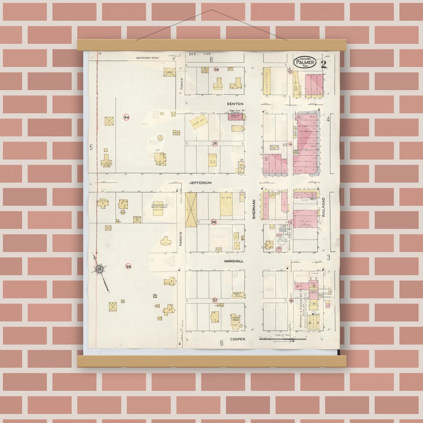 Old map wall art mockup — magnetic wood frame on brick wall — Sanborn Fire Insurance Map from Palmer, Ellis County, Texas (1936), Sheet #0002