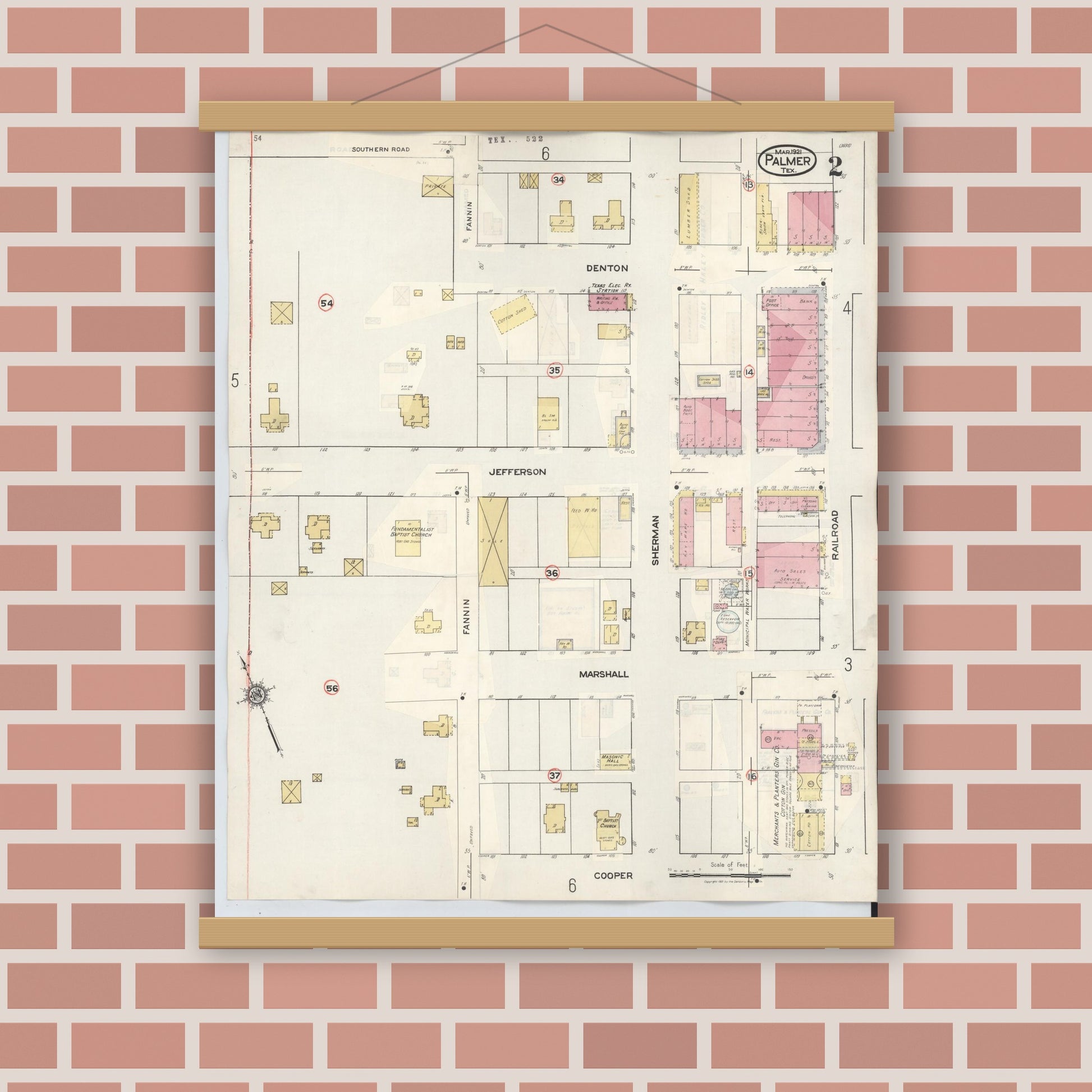 Old map wall art mockup — magnetic wood frame on brick wall — Sanborn Fire Insurance Map from Palmer, Ellis County, Texas (1936), Sheet #0002