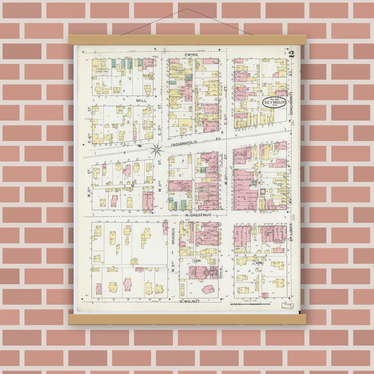 Old map wall art mockup — magnetic wood frame on brick wall — Sanborn Fire Insurance Map from Seymour, Jackson County, Indiana (1892), Sheet #0002