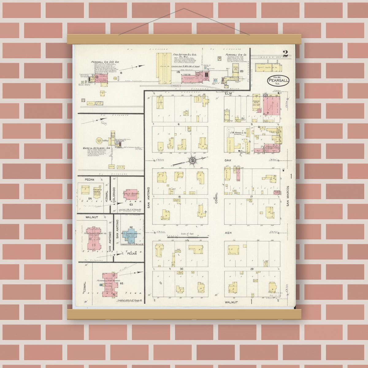 Old map wall art mockup — magnetic wood frame on brick wall — Sanborn Fire Insurance Map from Pearsall, Frio County, Texas (1912), Sheet #0002