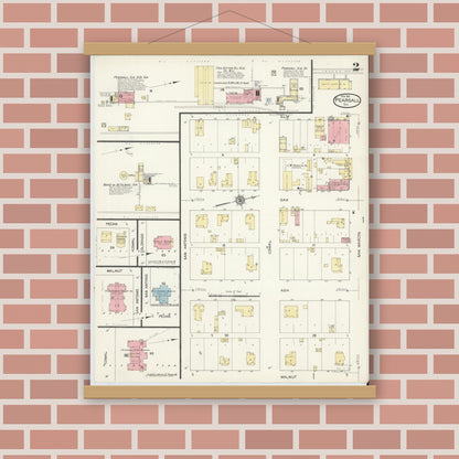 Old map wall art mockup — magnetic wood frame on brick wall — Sanborn Fire Insurance Map from Pearsall, Frio County, Texas (1912), Sheet #0002