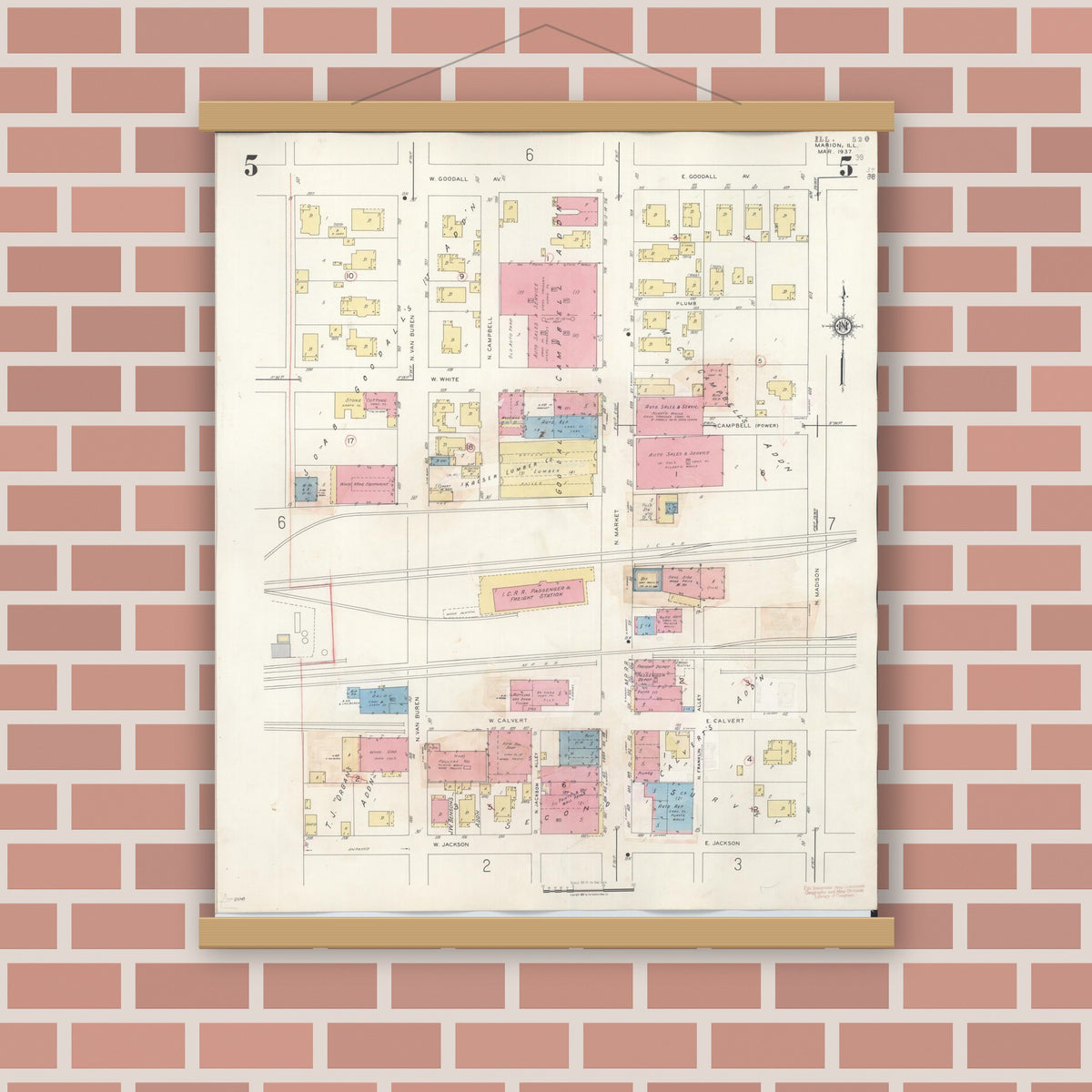 Old map wall art mockup — magnetic wood frame on brick wall — Sanborn Fire Insurance Map from Marion, Williamson County, Illinois (1946), Sheet #0005