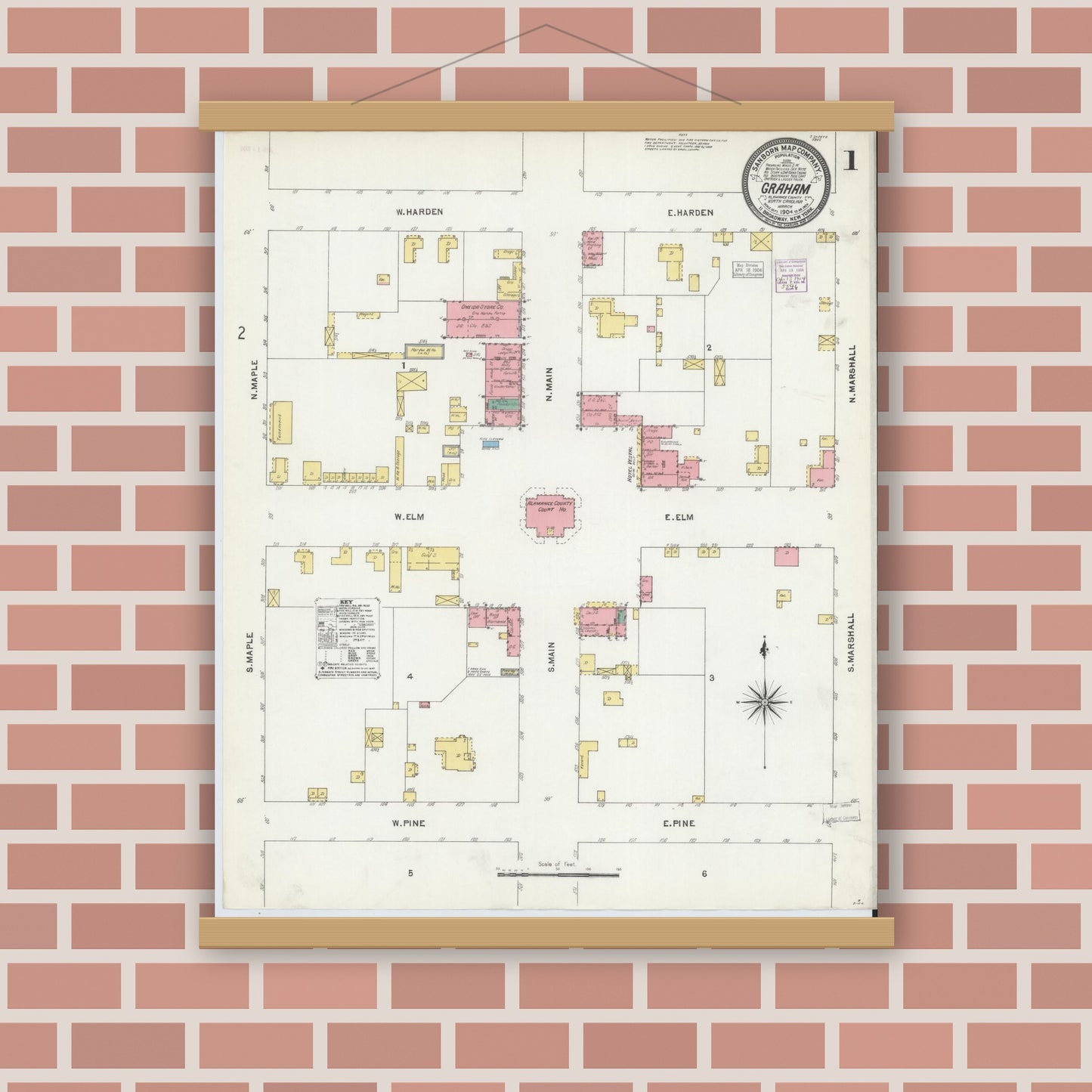 Old map wall art mockup — magnetic wood frame on brick wall — Sanborn Fire Insurance Map from Graham, Alamance County, North Carolina (1904) - Complete Map Set