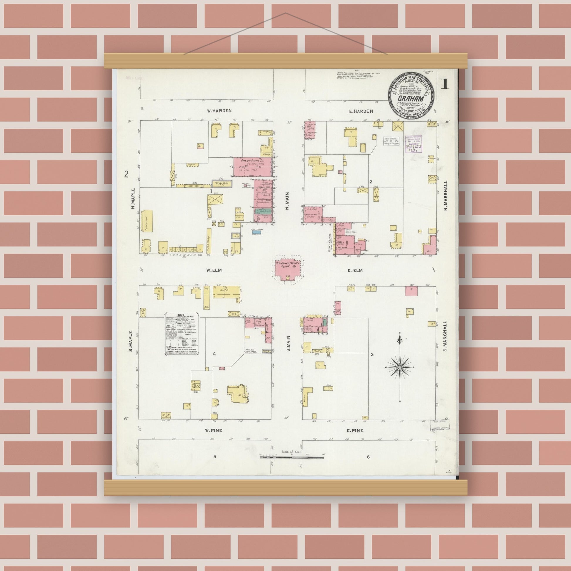 Old map wall art mockup — magnetic wood frame on brick wall — Sanborn Fire Insurance Map from Graham, Alamance County, North Carolina (1904) - Complete Map Set