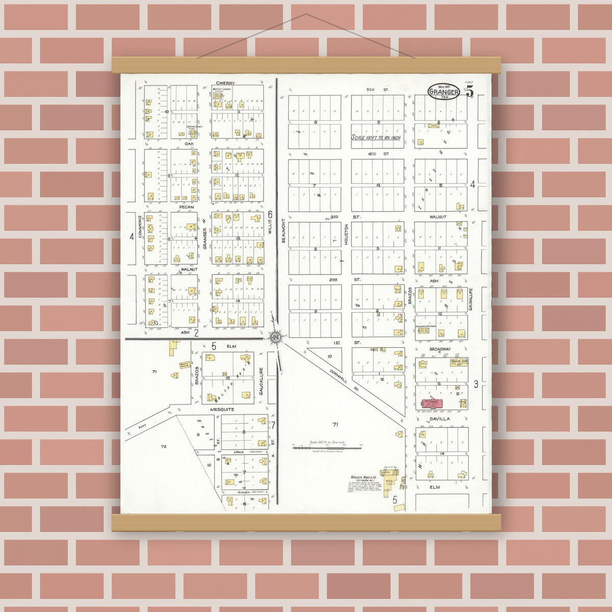 Old map wall art mockup — magnetic wood frame on brick wall — Sanborn Fire Insurance Map from Granger, Williamson County, Texas (1921), Sheet #0005