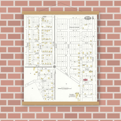 Old map wall art mockup — magnetic wood frame on brick wall — Sanborn Fire Insurance Map from Granger, Williamson County, Texas (1921), Sheet #0005