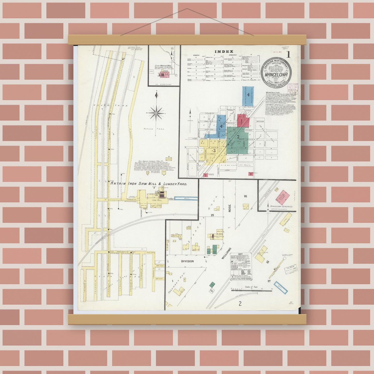 Old map wall art mockup — magnetic wood frame on brick wall — Sanborn Fire Insurance Map from Mancelona, Antrim County, Michigan (1907) - Complete Map Set