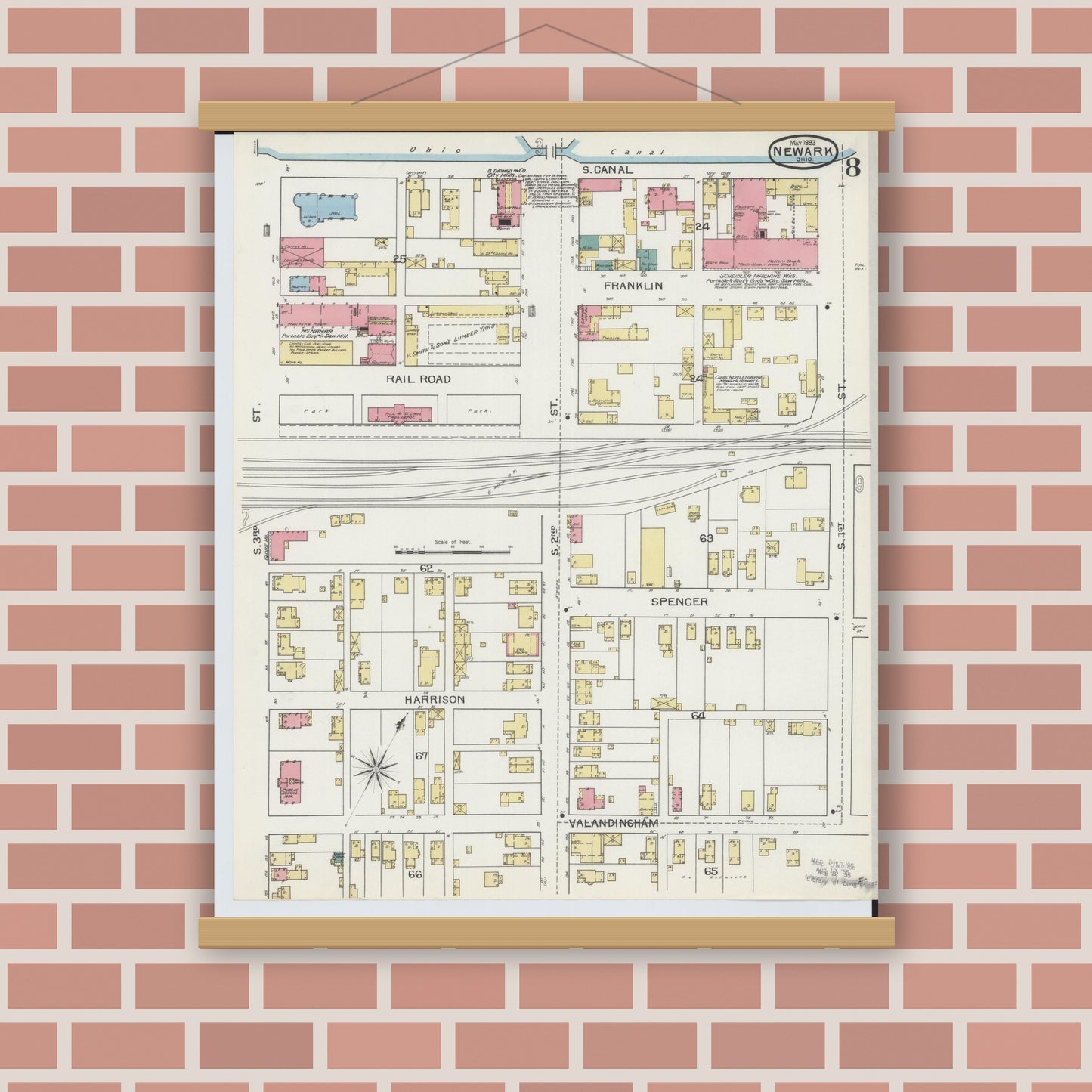 Old map wall art mockup — magnetic wood frame on brick wall — Sanborn Fire Insurance Map from Newark, Licking County, Ohio (1893), Sheet #0008