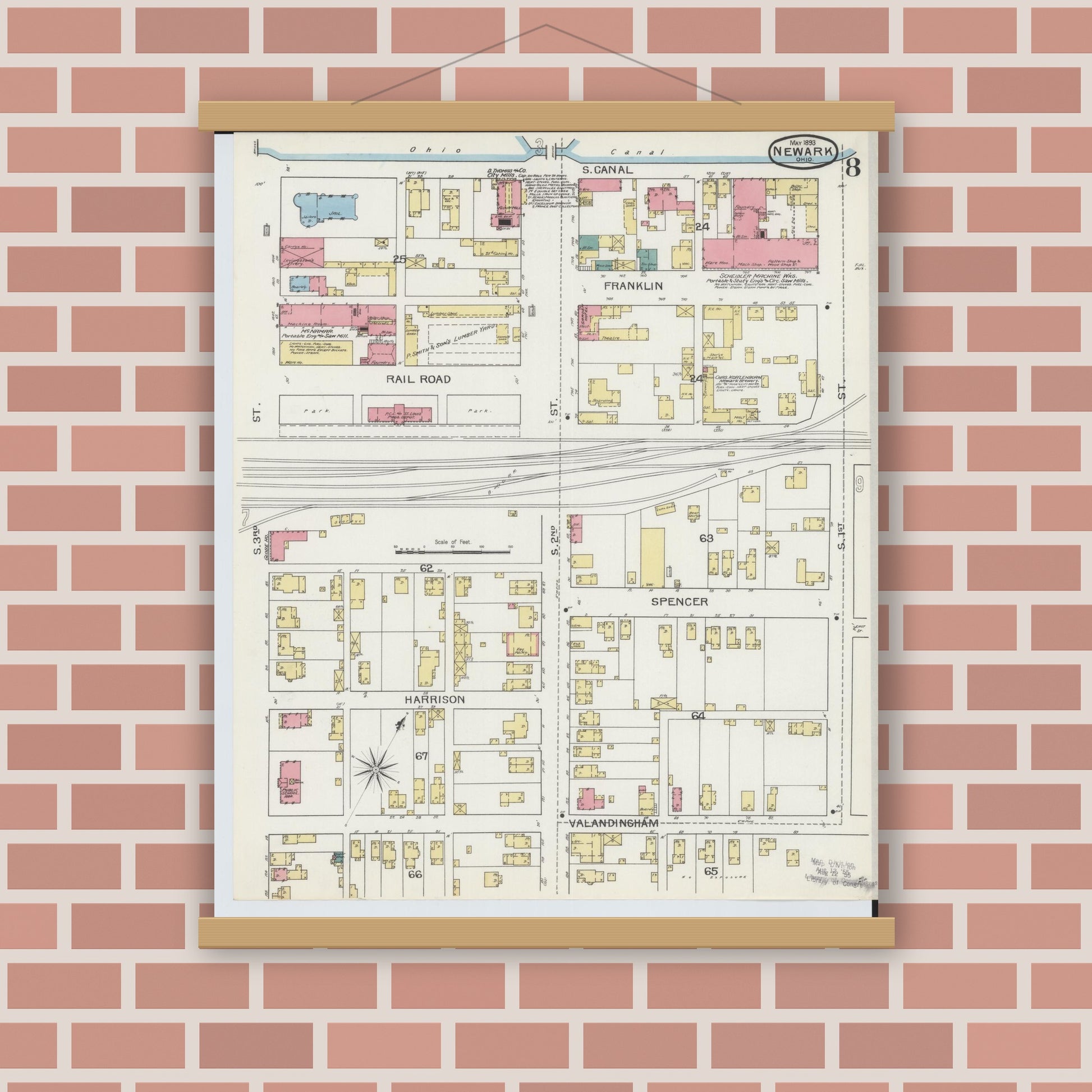 Old map wall art mockup — magnetic wood frame on brick wall — Sanborn Fire Insurance Map from Newark, Licking County, Ohio (1893), Sheet #0008