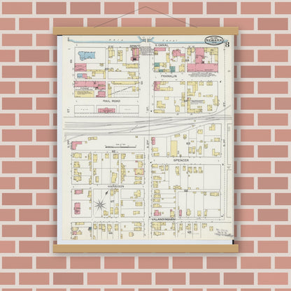 Old map wall art mockup — magnetic wood frame on brick wall — Sanborn Fire Insurance Map from Newark, Licking County, Ohio (1893), Sheet #0008