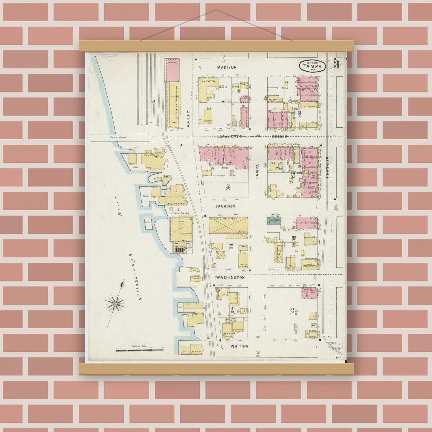 Old map wall art mockup — magnetic wood frame on brick wall — Sanborn Fire Insurance Map from Tampa, Hillsborough County, Florida (1895), Sheet #0007