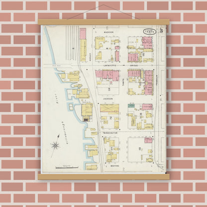Old map wall art mockup — magnetic wood frame on brick wall — Sanborn Fire Insurance Map from Tampa, Hillsborough County, Florida (1895), Sheet #0007