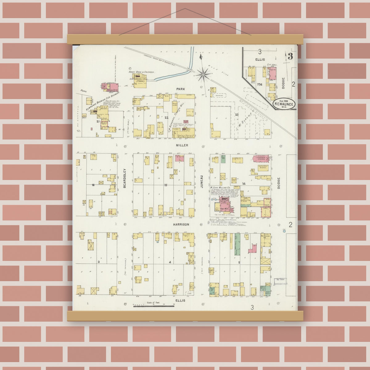 Old map wall art mockup — magnetic wood frame on brick wall — Sanborn Fire Insurance Map from Kewaunee, Kewaunee County, Wisconsin (1898), Sheet #0003