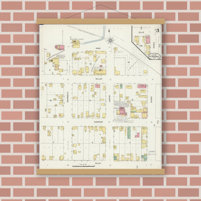 Old map wall art mockup — magnetic wood frame on brick wall — Sanborn Fire Insurance Map from Kewaunee, Kewaunee County, Wisconsin (1898), Sheet #0003
