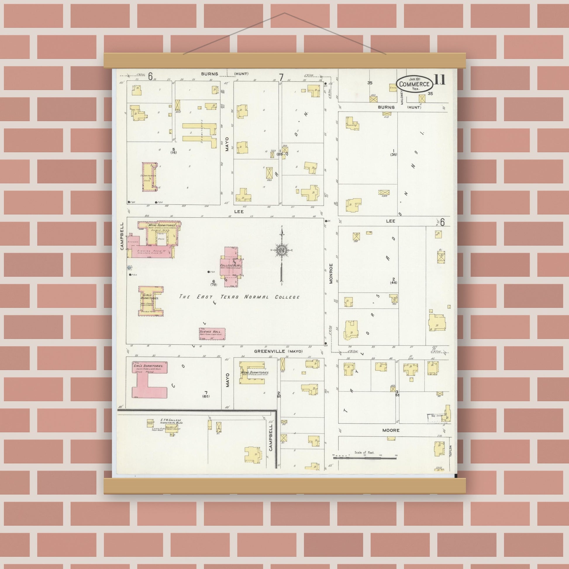 Old map wall art mockup — magnetic wood frame on brick wall — Sanborn Fire Insurance Map from Commerce, Hunt County, Texas (1911), Sheet #0011
