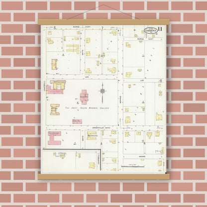 Old map wall art mockup — magnetic wood frame on brick wall — Sanborn Fire Insurance Map from Commerce, Hunt County, Texas (1911), Sheet #0011