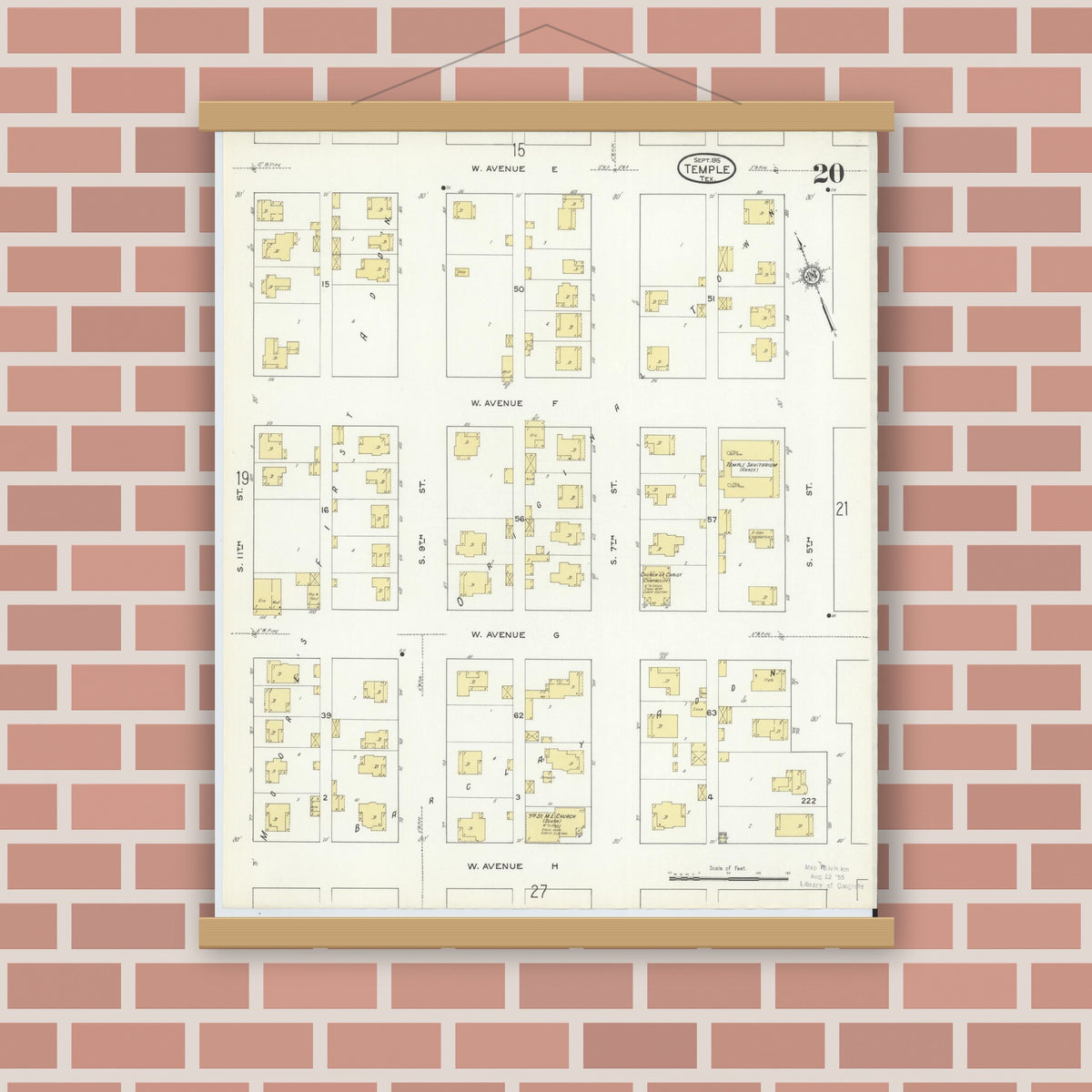 Old map wall art mockup — magnetic wood frame on brick wall — Sanborn Fire Insurance Map from Temple, Bell County, Texas (1915), Sheet #0020