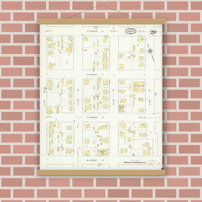 Old map wall art mockup — magnetic wood frame on brick wall — Sanborn Fire Insurance Map from Temple, Bell County, Texas (1915), Sheet #0020