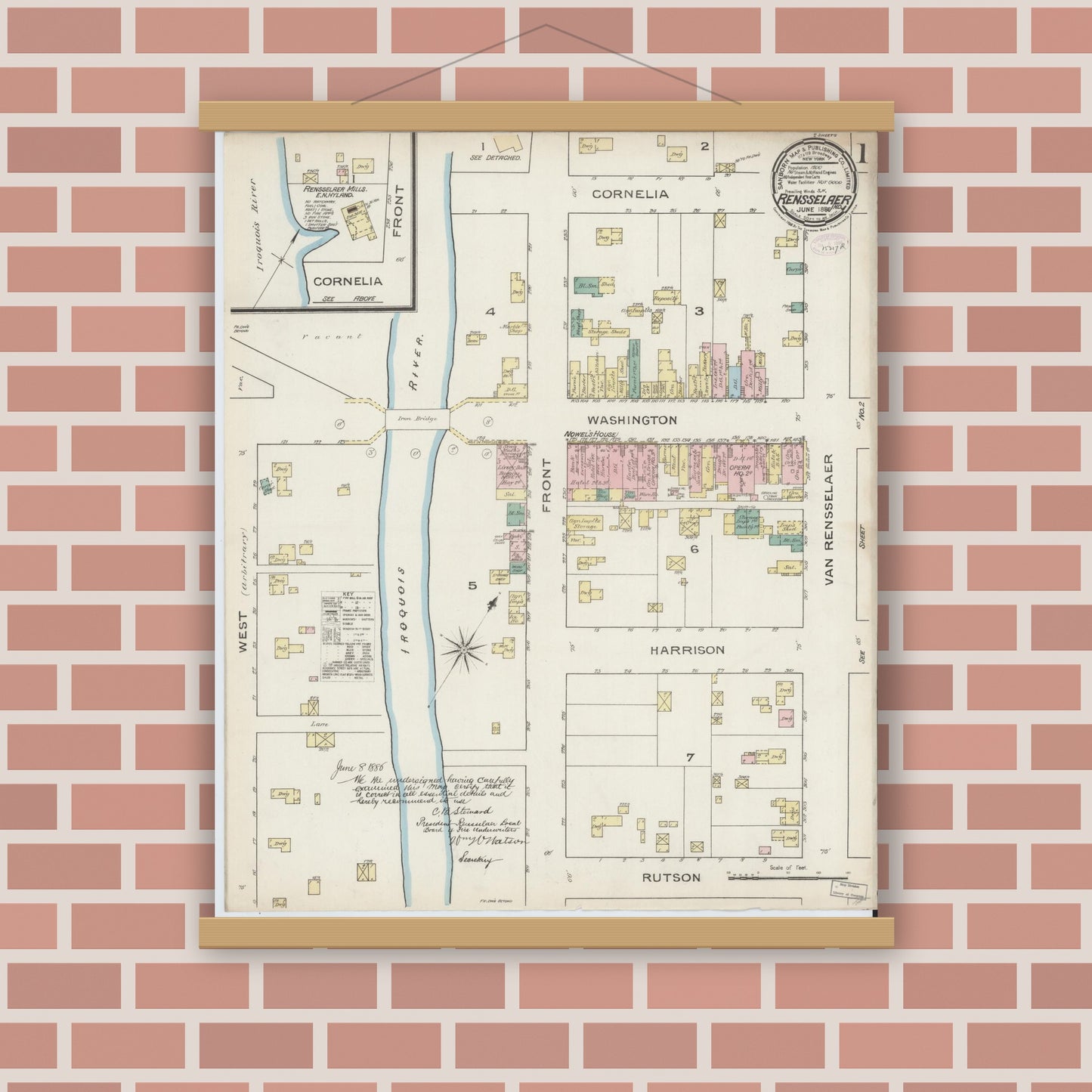 Old map wall art mockup — magnetic wood frame on brick wall — Sanborn Fire Insurance Map from Rensselaer, Jasper County, Indiana (1886) - Complete Map Set