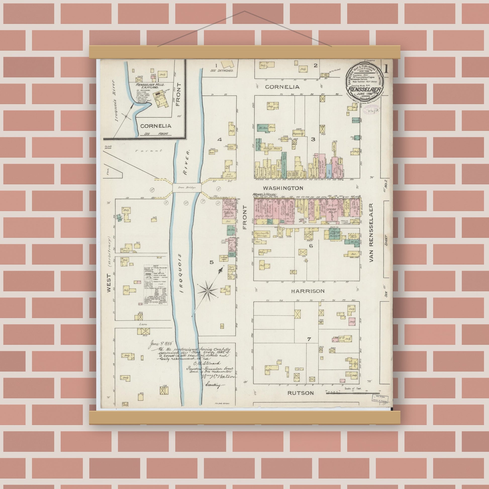 Old map wall art mockup — magnetic wood frame on brick wall — Sanborn Fire Insurance Map from Rensselaer, Jasper County, Indiana (1886) - Complete Map Set