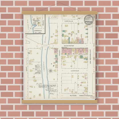 Old map wall art mockup — magnetic wood frame on brick wall — Sanborn Fire Insurance Map from Rensselaer, Jasper County, Indiana (1886) - Complete Map Set