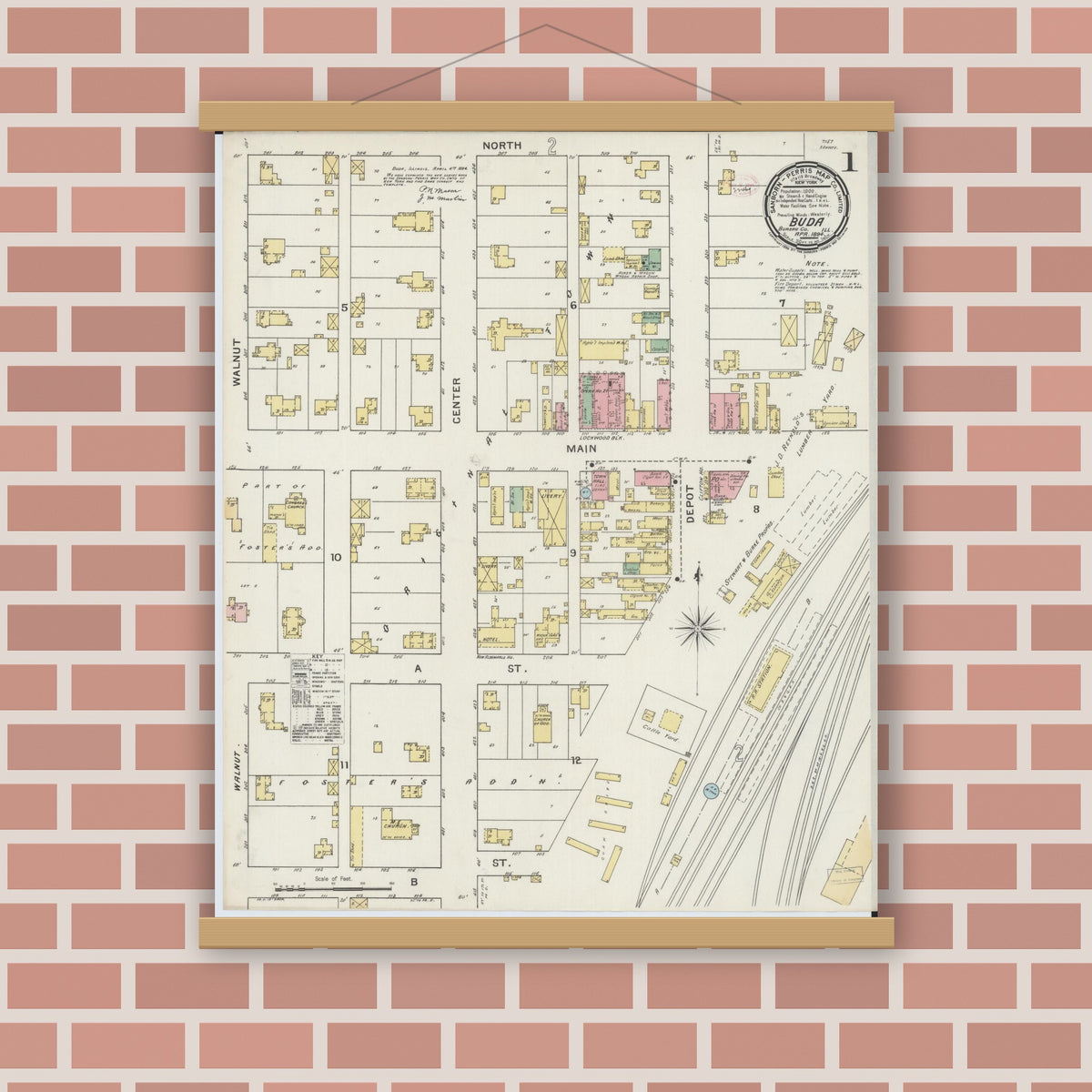 Old map wall art mockup — magnetic wood frame on brick wall — Sanborn Fire Insurance Map from Buda, Bureau County, Illinois (1894), Sheet #0001